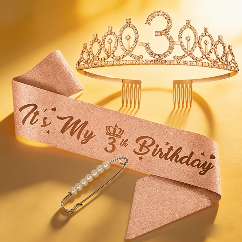 TEMU 3rd Birthday Set 3rd Anniversary Celebration Crown Decoration Belt And Pearl Pin 3pcs Set
