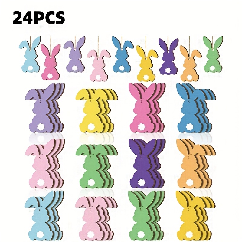 Image of 2d Flat, 24pcs Easter Bunny Wooden Hanging Ornaments With Twine - 12 Designs, Vibrant Colors, Contemporary Style For Indoor/outdoor Easter Home & Party Decorations, Bunny Accessories