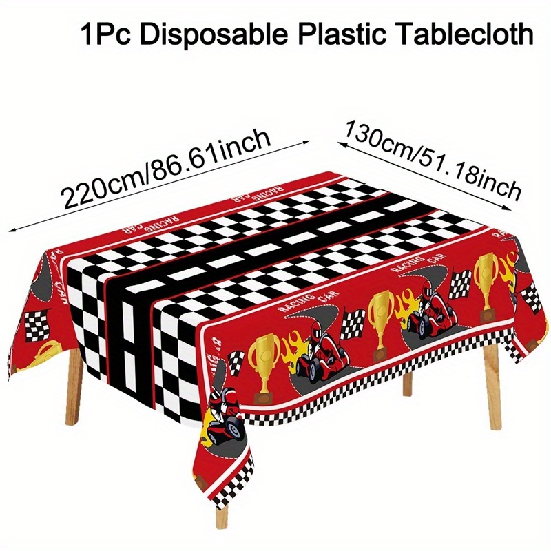 E-shop 1 Stück Rennwagen-Tischdecke mit Karo-Rennstrecken-Design - Rot Plastiktischdecke für Geburtstagsfeier, Rennwagen-Themen-Dekoration, für 6-8