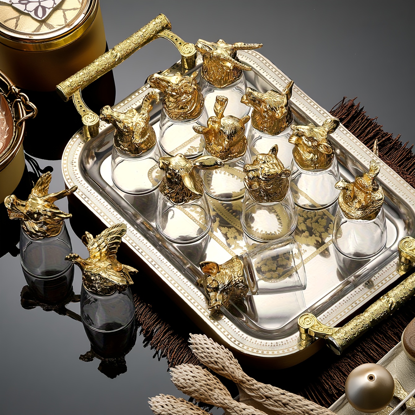 【極希少】ヴィンテージ 滑らかに回転 飲物ケース 　アジアン　象の彫刻台座セット 13pcs european vintage golden chinese zodiac animal cup set - Temu