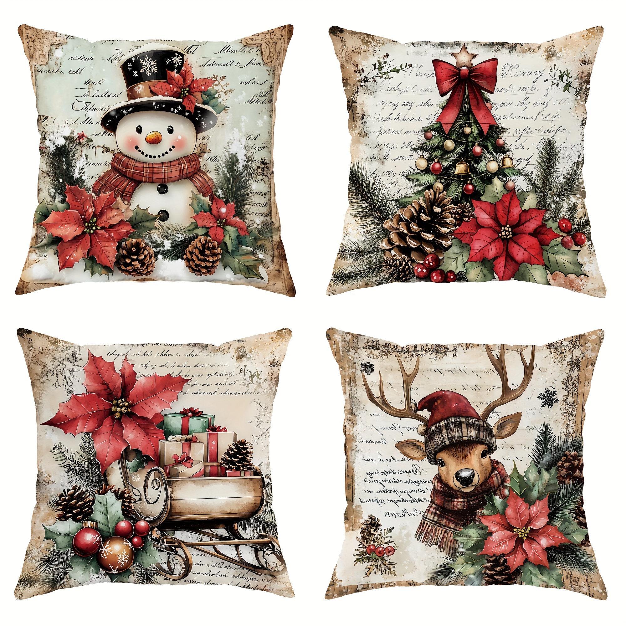 

4pcs Christmas Snowman Red Pillowcases 1 Sided 18in*18in For Christmas Bedroom Sofa Bed Decor Inserts