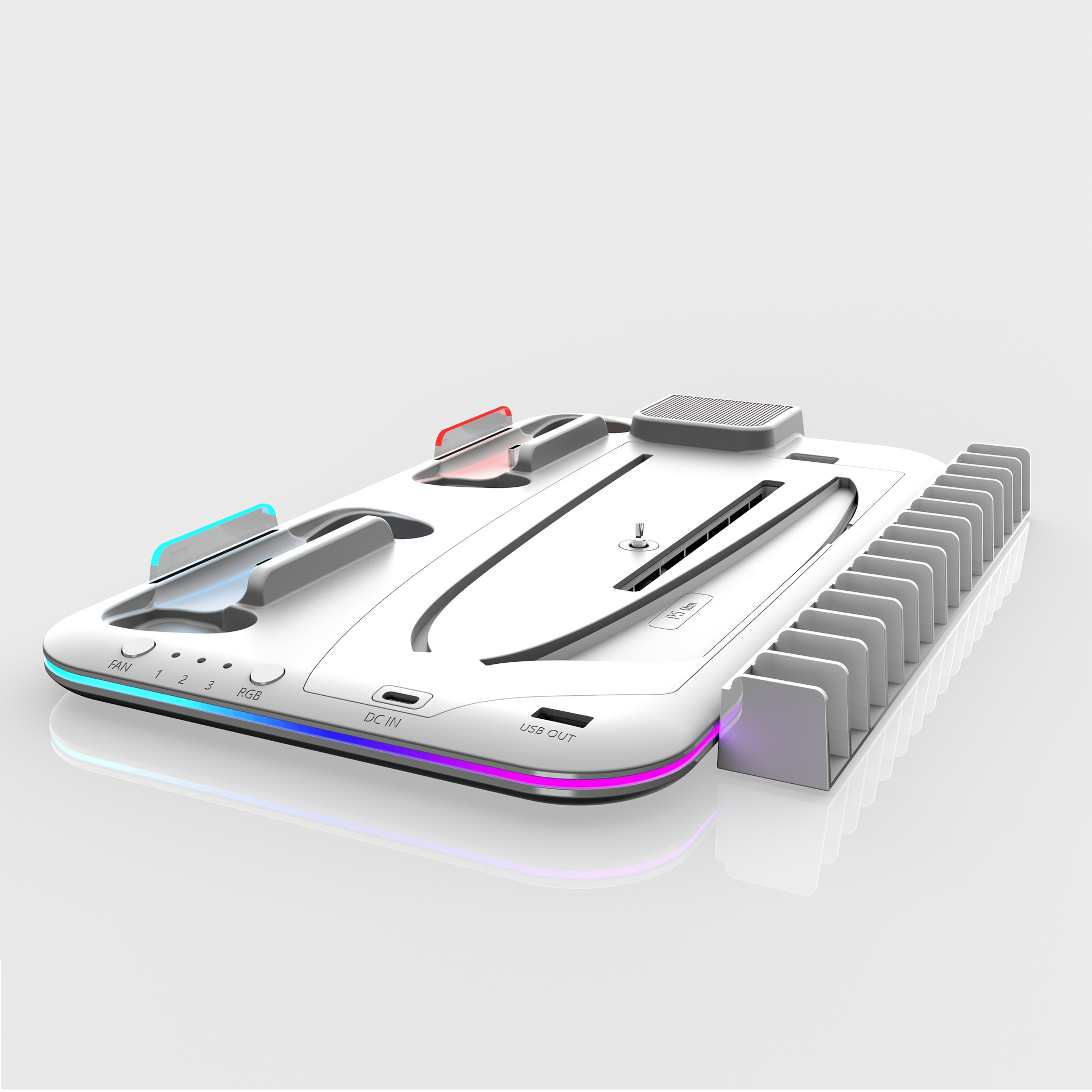 PS5 & PS5 Slim Cooling Stand with RGB LED, Controller Charger, Handle Dock, Disc Storage Slot & Earphone Hook - Durable ABS Material