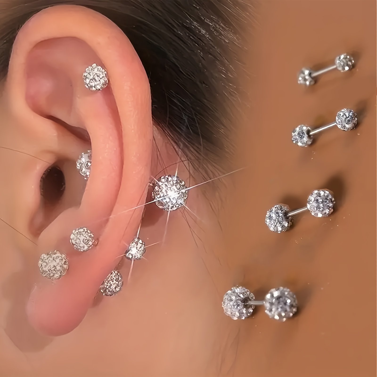 

4pcs Luxury Glass Stud Earrings Set, Stainless Steel With 925 Sterling Silver Post, Jewelry, For & Parties