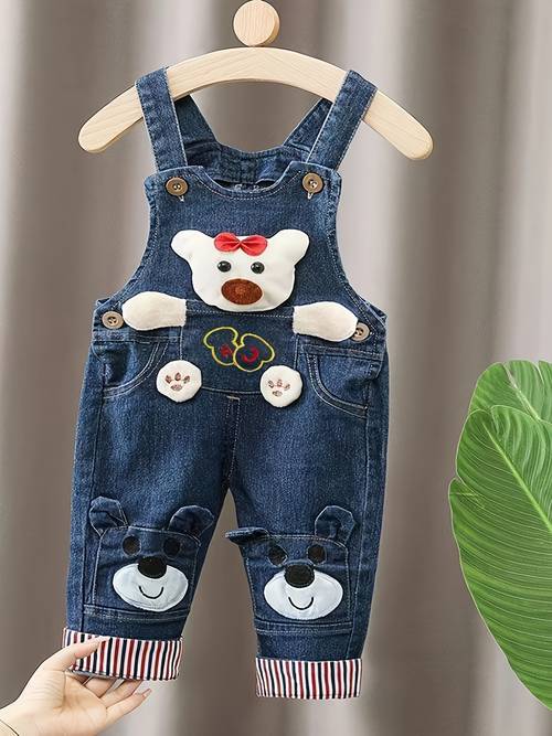 boys and girls infant navy bear pattern adjustable shoulder straps open washable denim overalls denim jumpsuit overalls suitable for outdoor wear outdoor