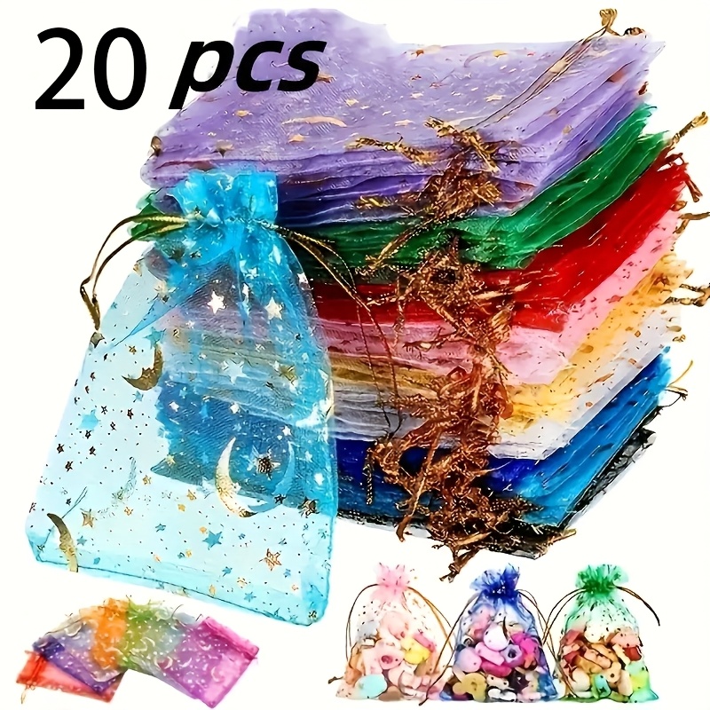 20pcs Moon Star Tulle Bags, 2.8x3.5 Inch Wedding Candy Bags With Drawstring, Mixed Colors Small Mesh Candy Gift Bags For Party, Jewelry, Christmas, Holiday Party Gift Bags