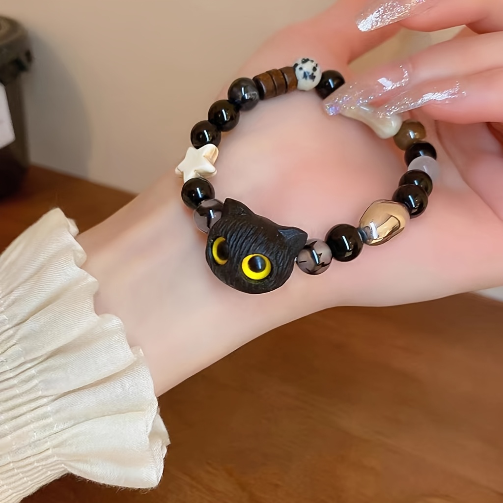 Charming Cat with Golden Star Eyes Bracelet Vintage Ceramic