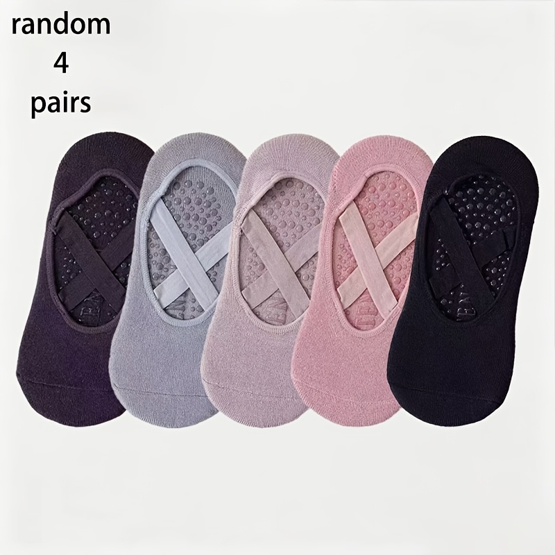 TEMU Random 4 Pairs Women's Full-sole Silicone Non-slip Cross-strap Yoga Socks, Breathable Pilates Dance Invisible Floor Socks, Spring/summer Fashion