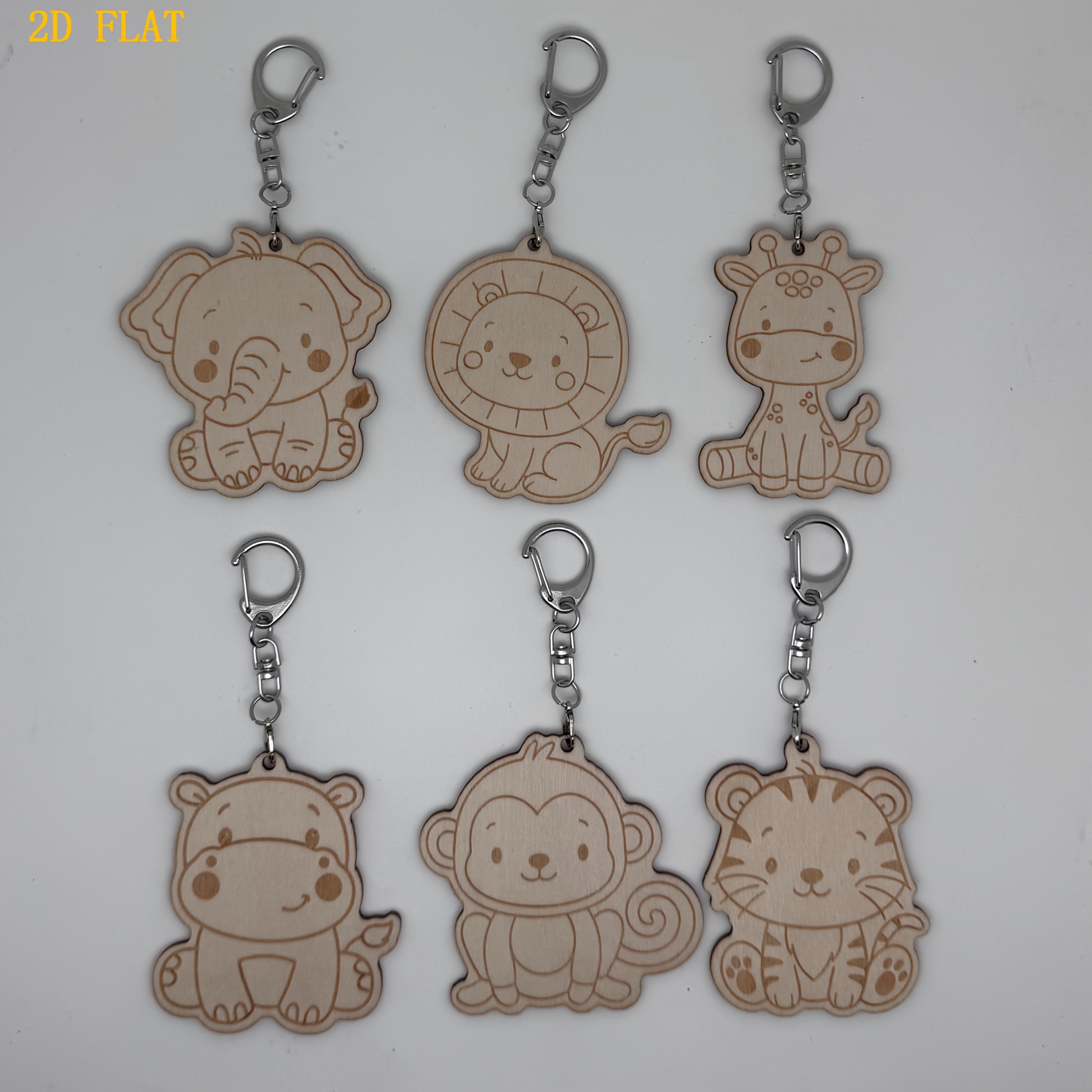 TEMU 2D, 2D, 6 piezas, Llaveros de dibujos animados adorables, Temática de animales de , Madera compuesta, con , elefante, león, tigre, mono,