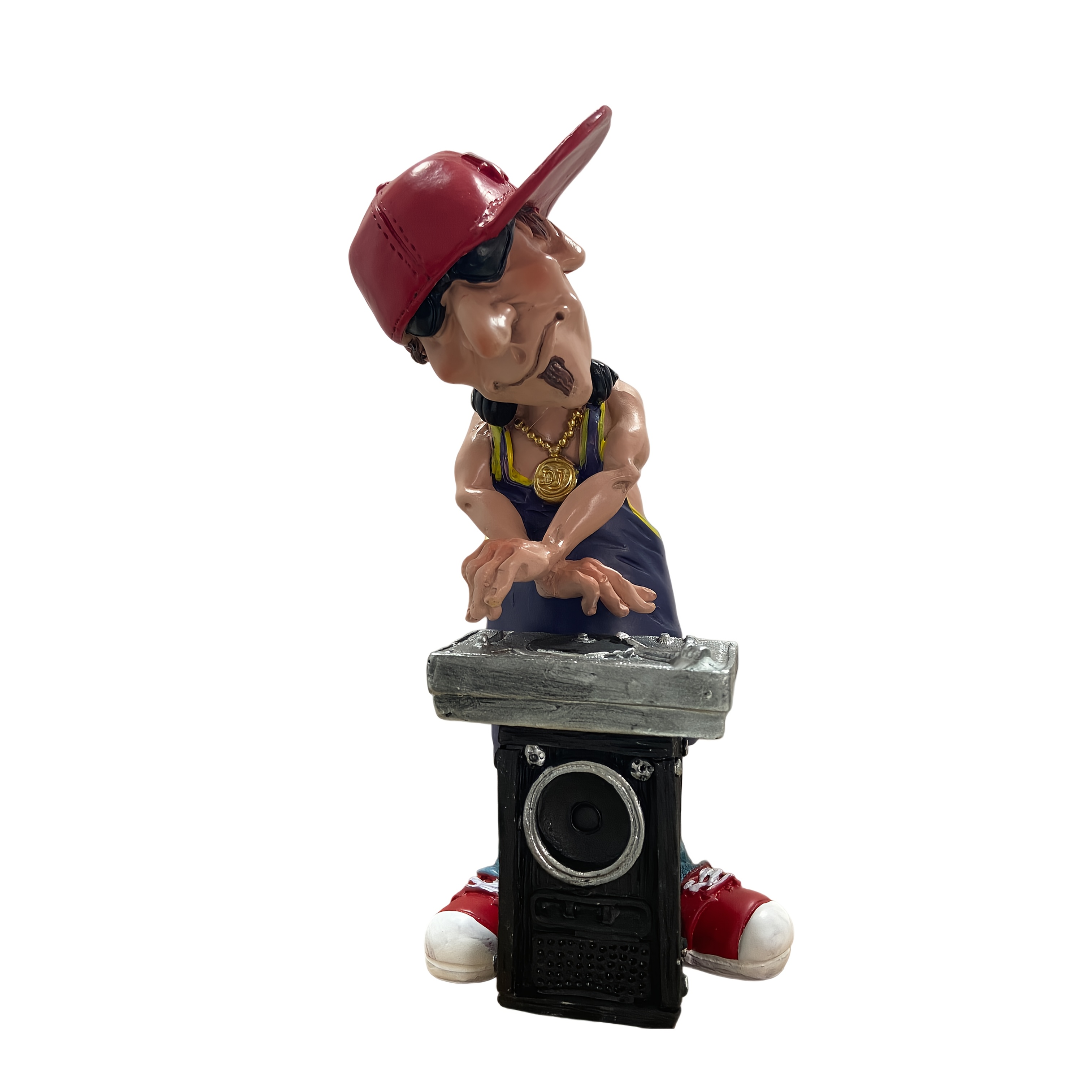 E-shop 1 Stück Harz DJ-Statue mit rotem Hut & goldenen Ketten, Plattenspieler-Basis kompatibel für Hip-Hop- - Deko für Studio, Bar - Geschenk für
