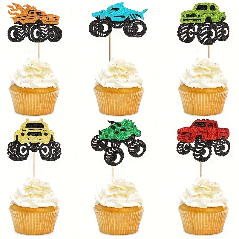 Image of 12pcs Monster Truck Cupcake Toppers - Perfect For Birthday, Shower & Themed Parties For Halloween Christmas Event & Party Supplies
