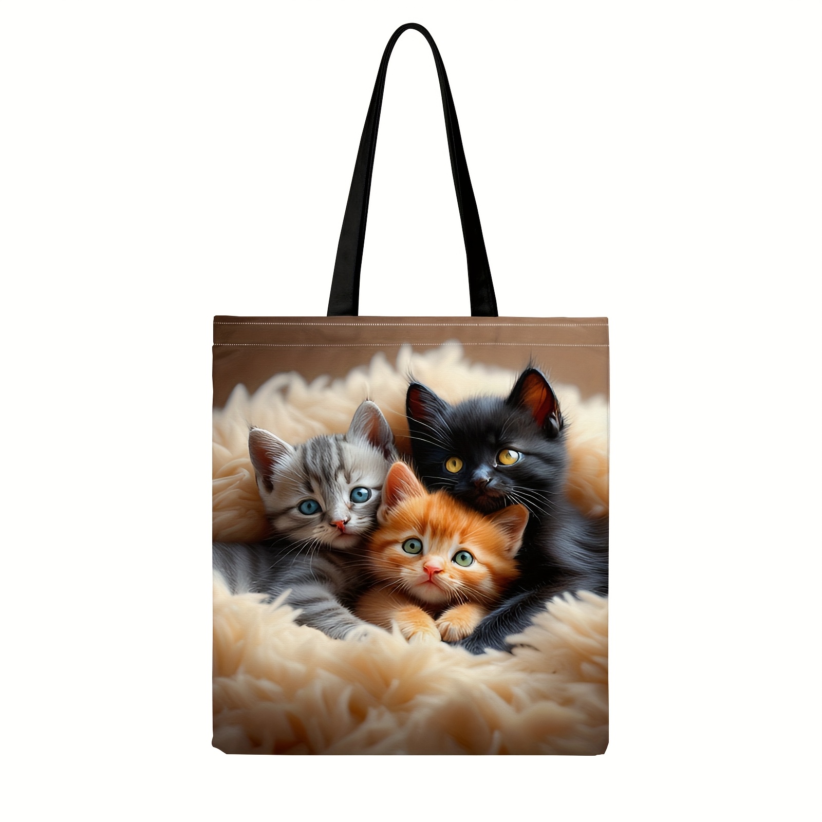 TEMU かわいい猫デザインの動物プリントトートバッグ。広々としたポータブルショッピングバッグで、日常の買い物や旅行に最適。折りたたみ式で持ち運びが簡単、無地の構造で多用途なショルダーバッグ