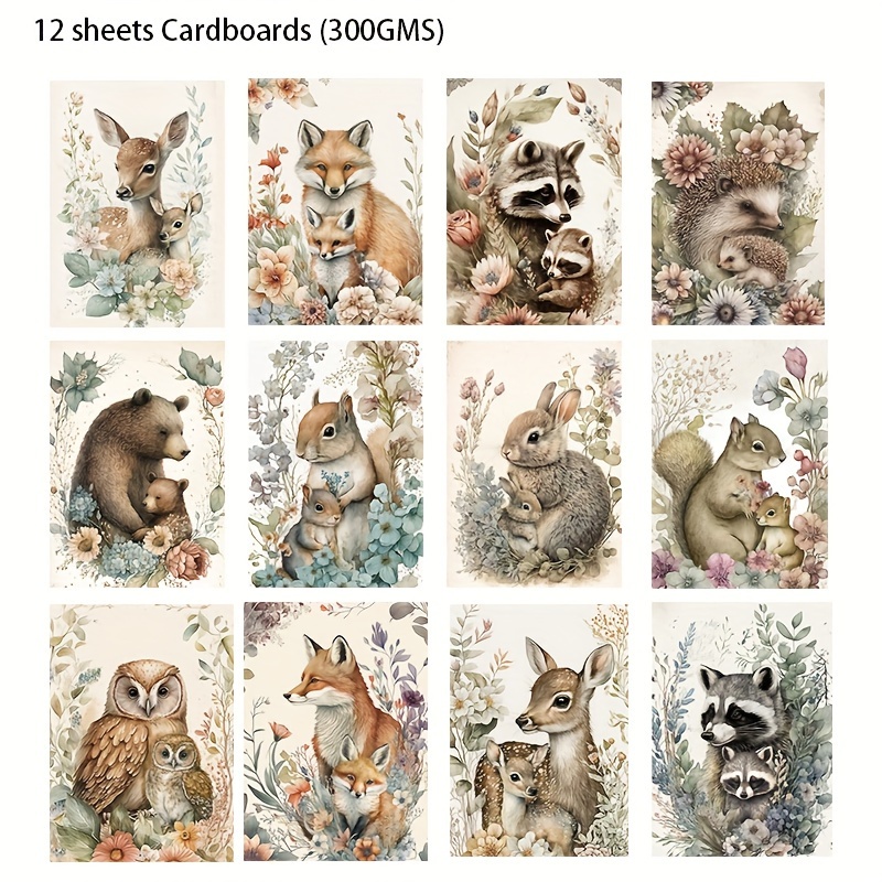 

44pcs Card And Sticker Set Animal Forest Theme For Mother's Day, Deer, Fox Patterns For Themed Party Flag Diy, Bottle, Album Decor, Greeting Card, Scrapbooking, Paper Craft,junk Journal,backgroud Pad