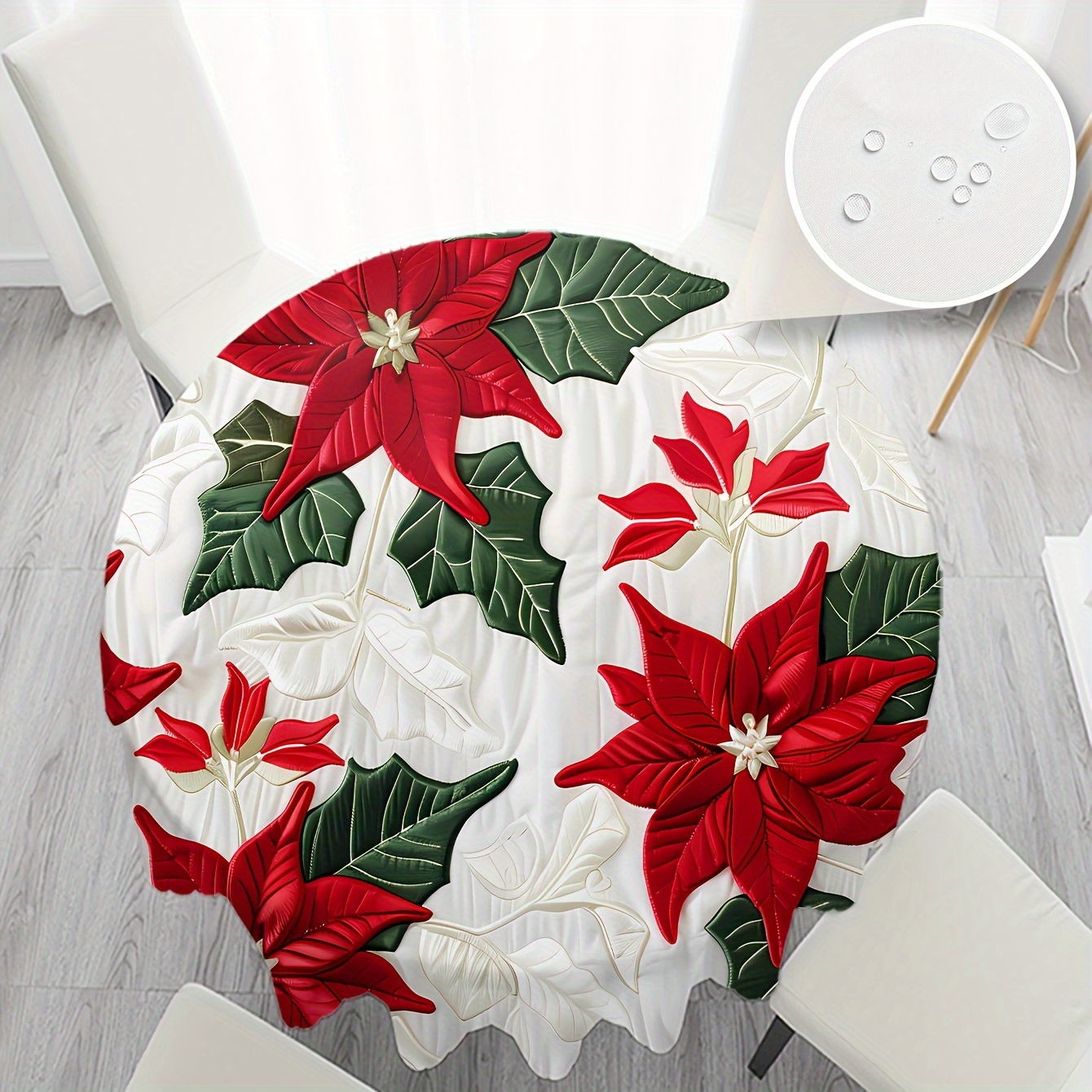 

1pc, Christmas Poinsettia Round Tablecloth, Stain & Waterproof, Machine-woven Polyester, Wrinkle Resistant, Ideal For Parties, Home Kitchen, Banquets, Machine Washable, Festive Decorative Gift