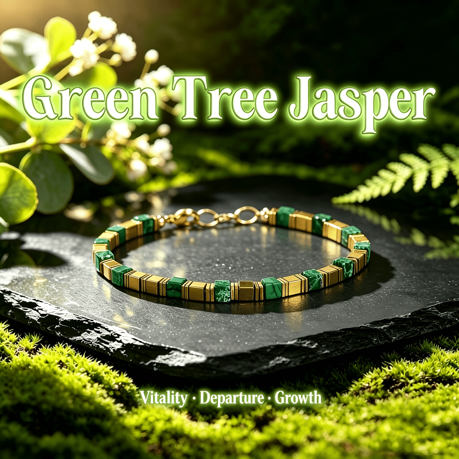 Green Tree Emperor Stone Cube Bead Bracelet, Adjustable Clasp