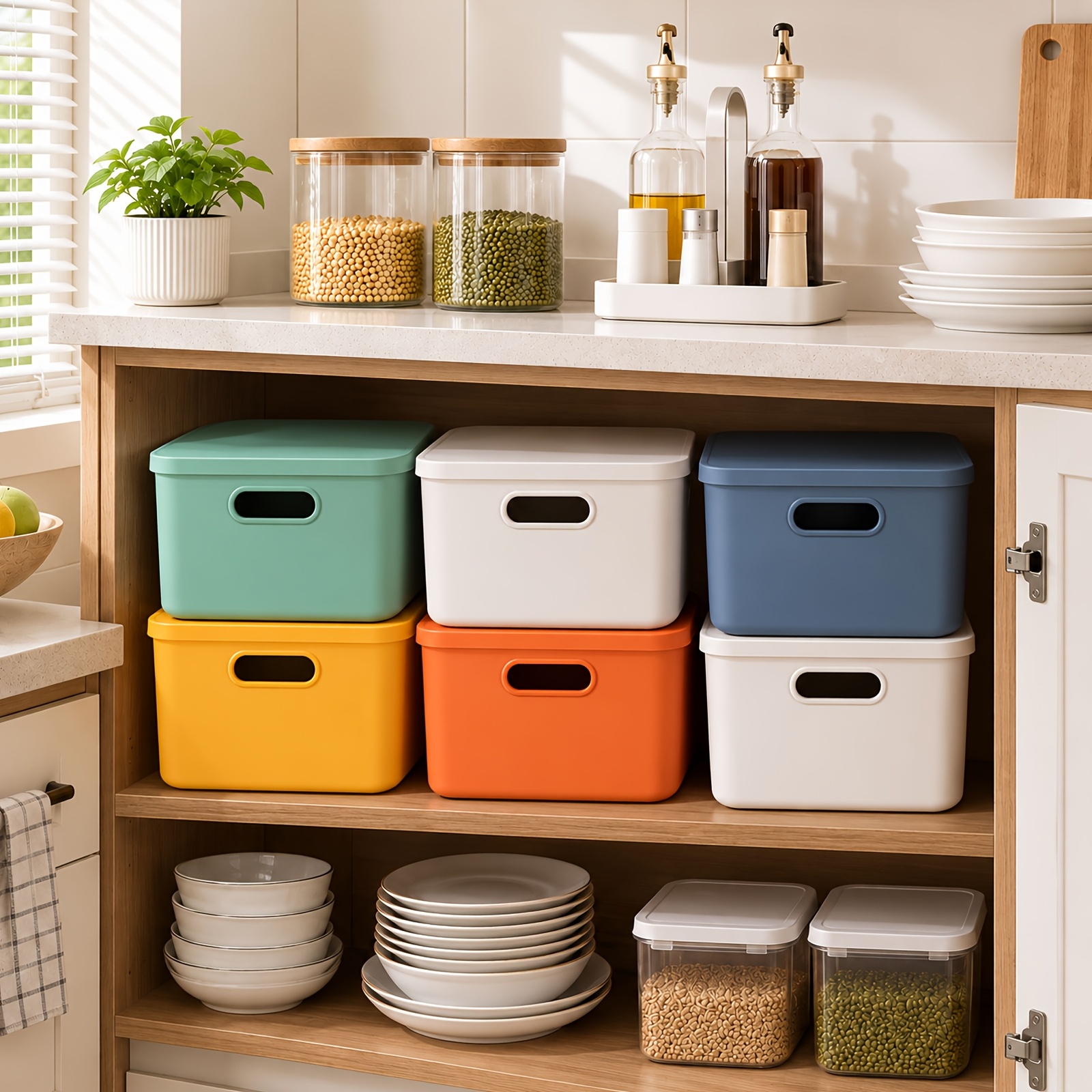 Stackable Lidded Storage Bins Set with Erasable Label Stickers
