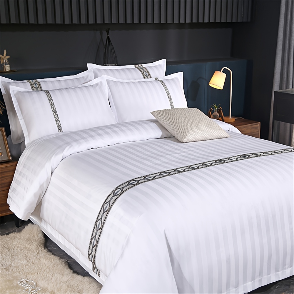TEMU Ensemble de Housse de Couette 4 pièces comprenant 1 Housse de Couette + 2 Taies d'Oreiller + 1 Drap Plat. Tissu à Rayures, Qualité Hôtel Haut de