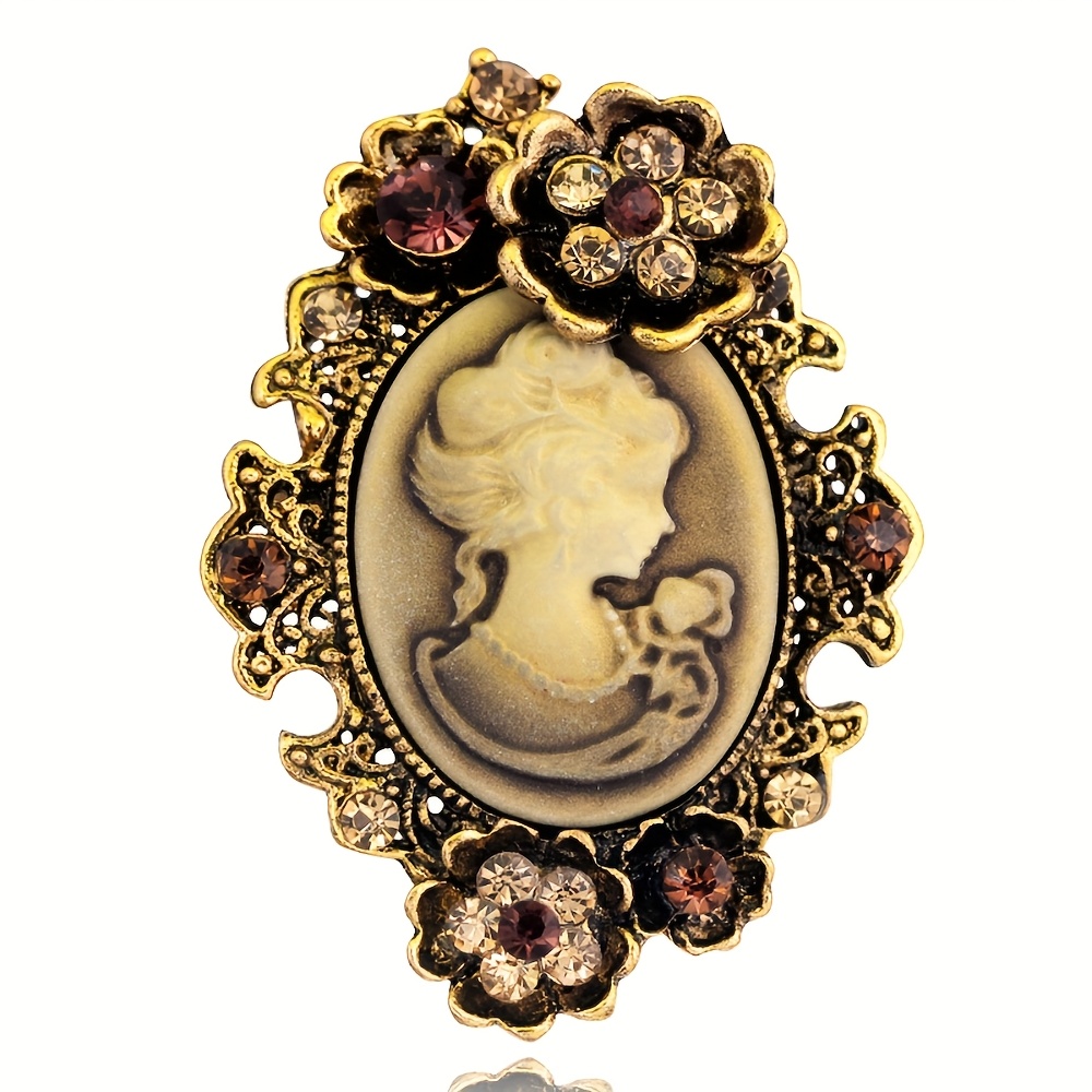TEMU Vintage -style Embossed Portrait Brooch, Exquisite Carved Frame With Three-dimensional Floral Decor, With Sparkling Synthetic Zirconia, Artistic