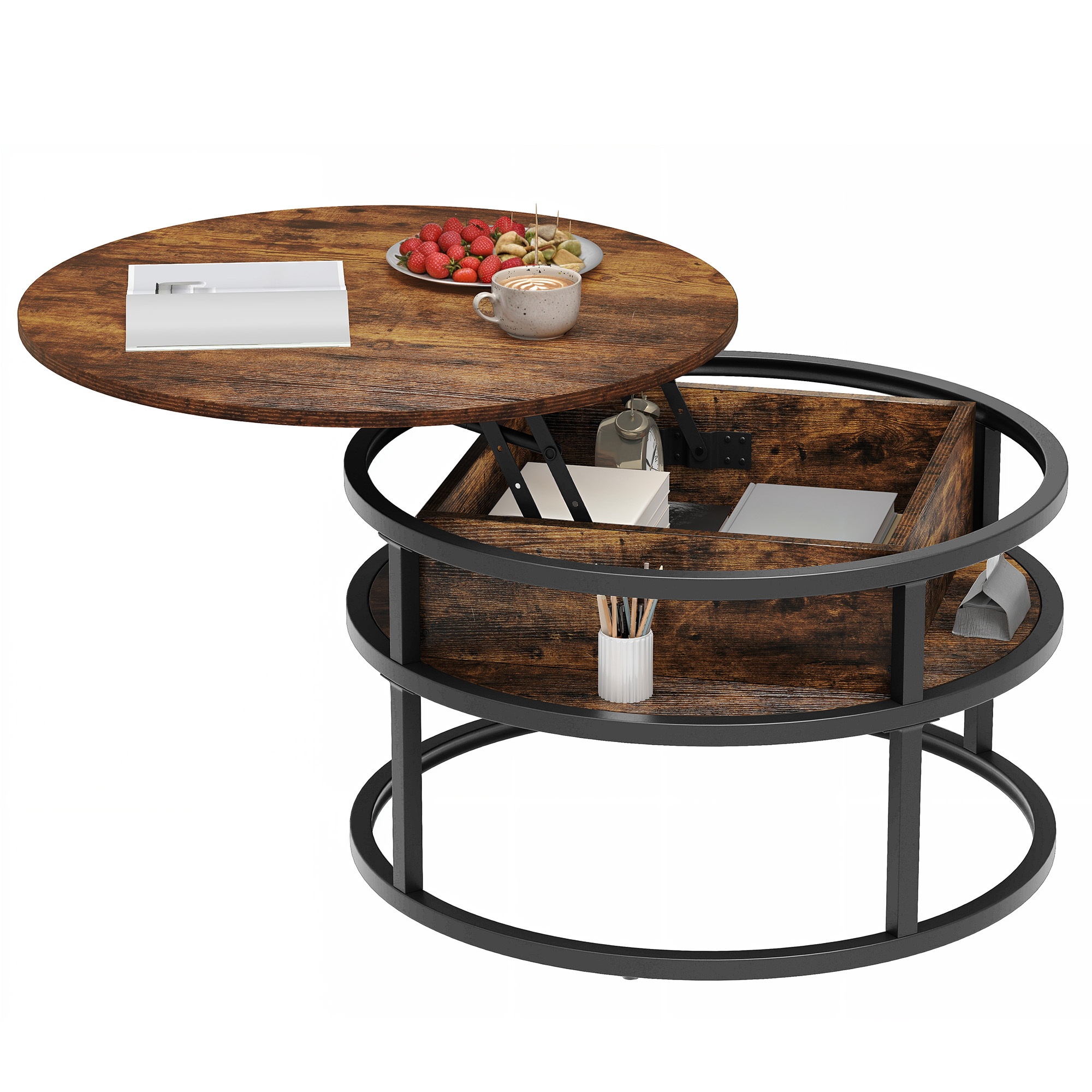 TEMU Round Lift Top Coffee Table, Living Room Side Table With Hidden Storage Compartment, Round Accent Table With Storage For Home Office