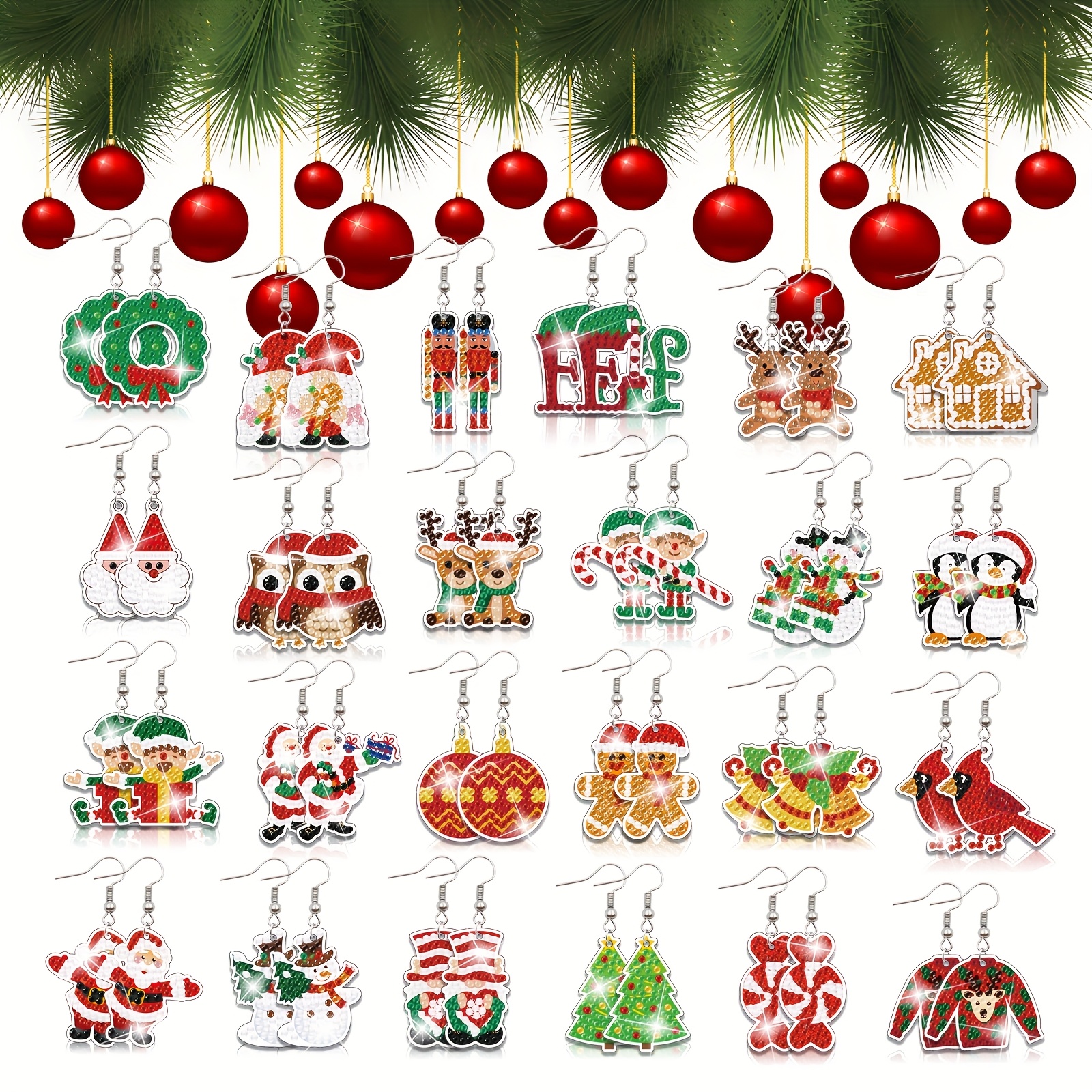 TEMU 24 Paires, Kit d'artisanat d'art motif Père Noël, Ensemble de bijoux d'oreille diamant d'impression plate 2D sur le thème de Noël, Boucles