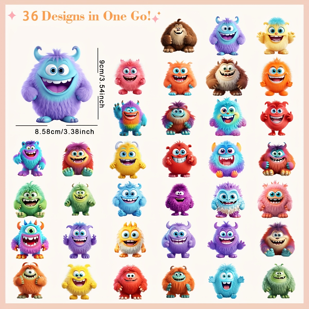 TEMU 36pcs Cute Monster Iron-on Transfers - Vibrant Diy Heat Transfer Stickers For T-shirts, Masks, Jeans & Backpacks - Washable Plastic Decals With