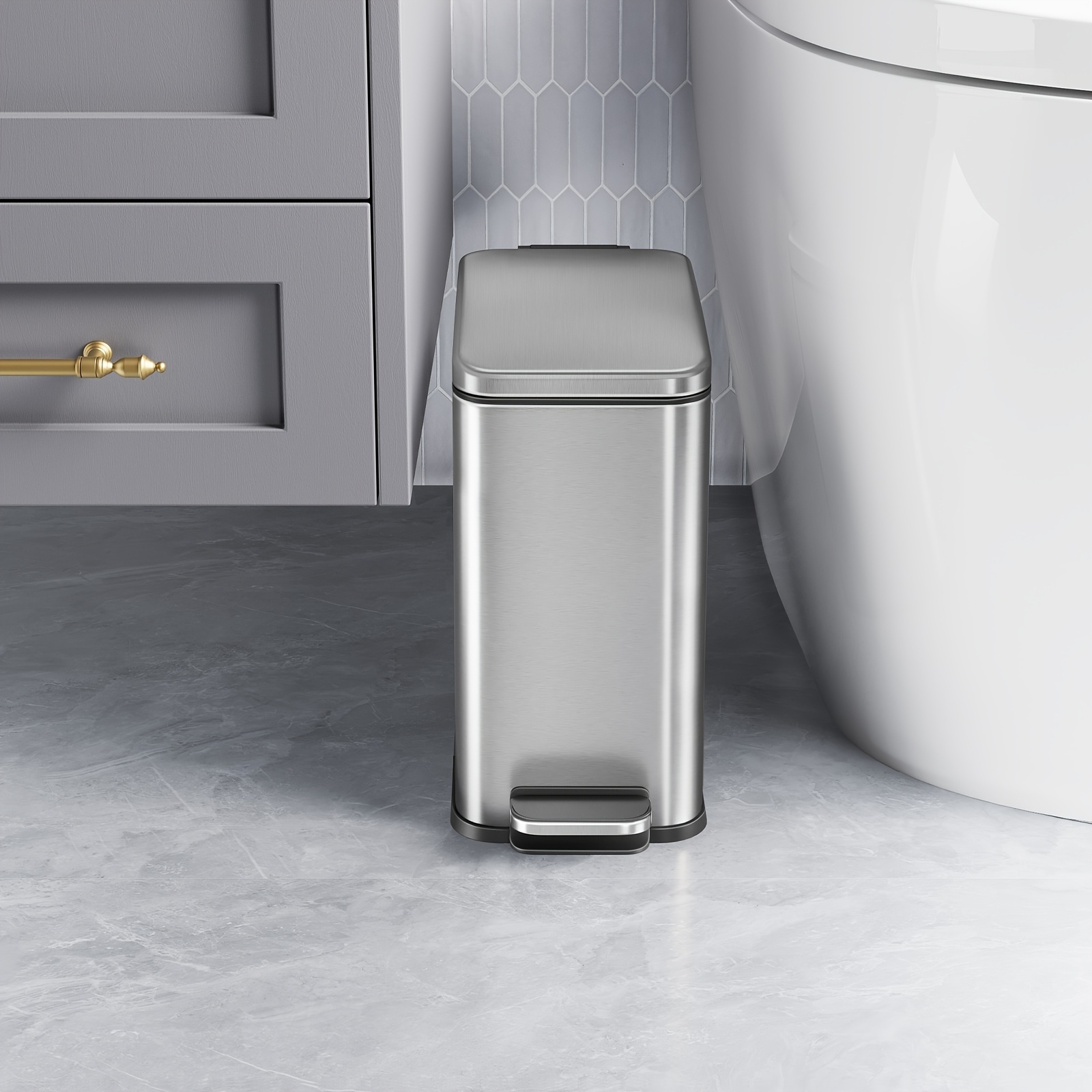 Image of Bathroom Bin, 5l Small Bin With Lid, Pedal Toilet Bin, Slim For Small Spaces, Steel, Soft Close