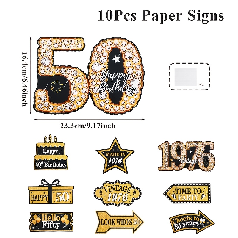 Image of 10pcs, Party Packs, 50th Birthday Signs, Black Golden Happy 50th Birthday Design Paper Signs, 50th Birthday Party Supplies, Party Favors, Happy Birthday Party Decor For Home, Event Party Gifts