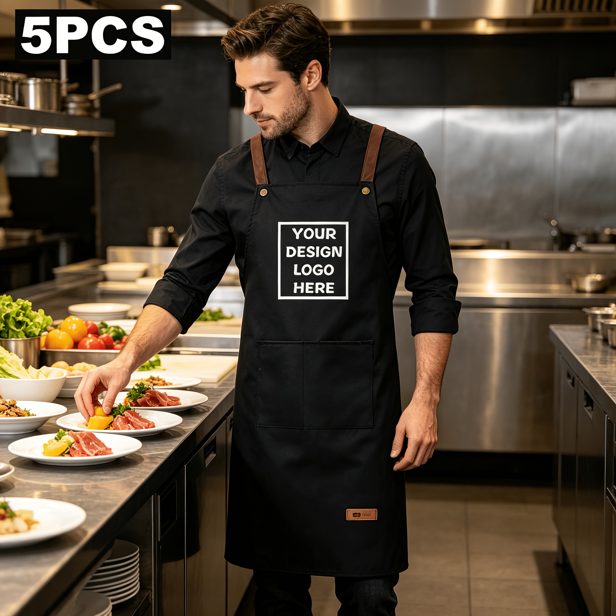 TEMU 5pcs Apron Set With Custom Logo And Your Design, 5pcs Work Aprons, Suitable For Hotels, Supermarkets, Cafes, Bars, Bbq Shops, Fruit Shops,