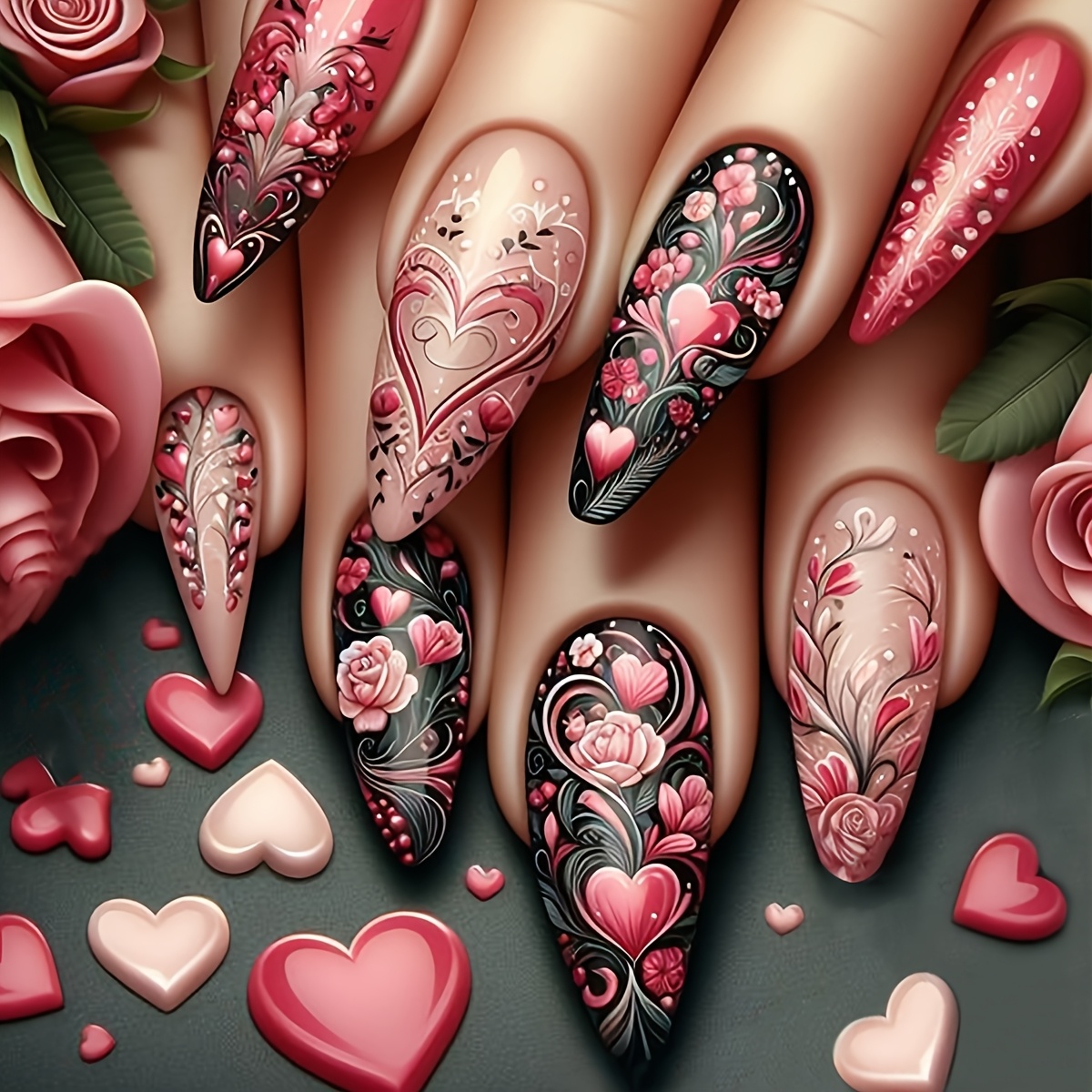 

24pcs Valentine's Day Press-on Nails Set - Medium Shape With Glossy , Featuring Rose & Heart Designs For A Romantic Look