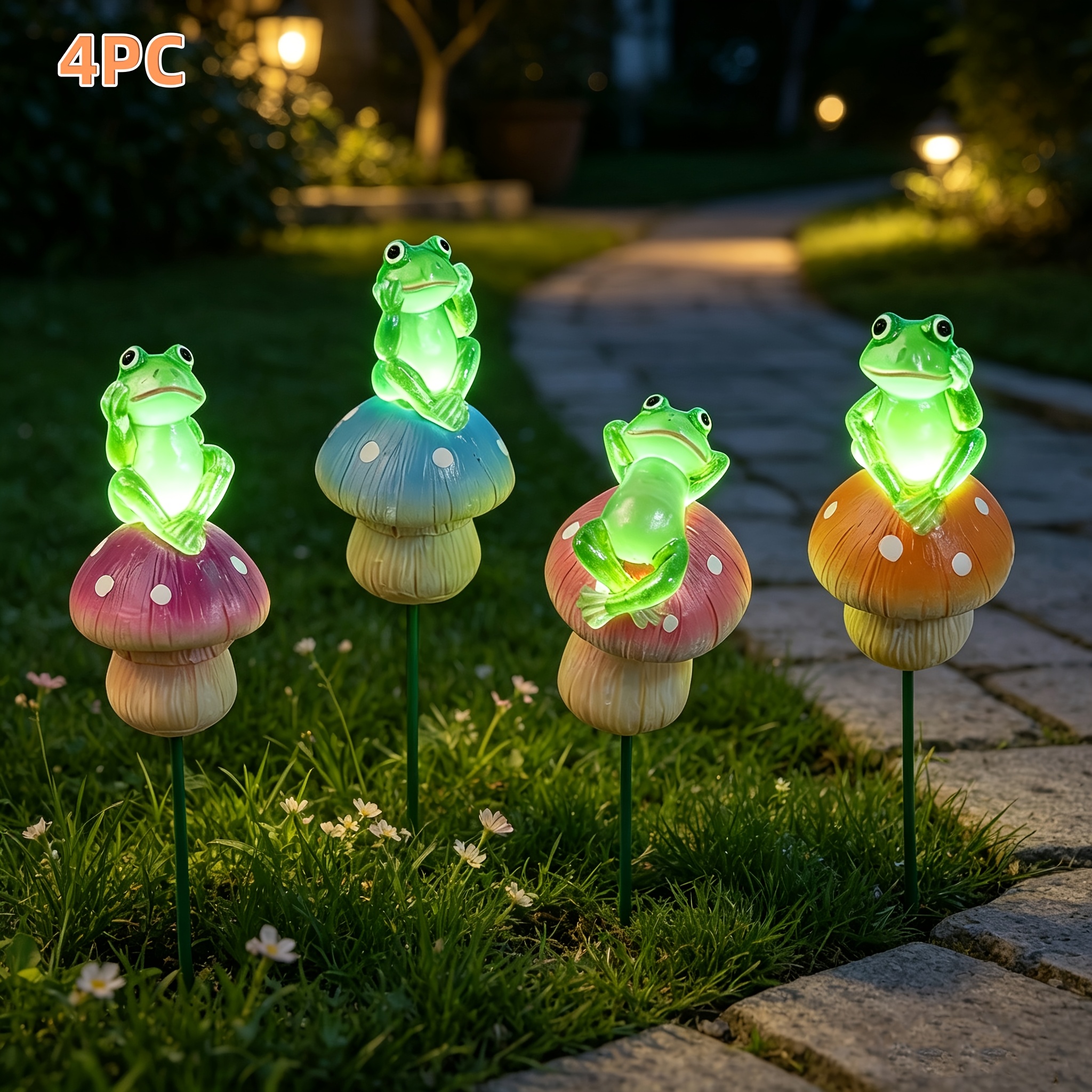 TEMU 【3d】 [3d] 4-pack Otdecor Frog Mushroom Garden Stakes, Animal Figurine Landscape Ornaments, Luminous Yard Art Decor, Lawn Pathway Ground Plug