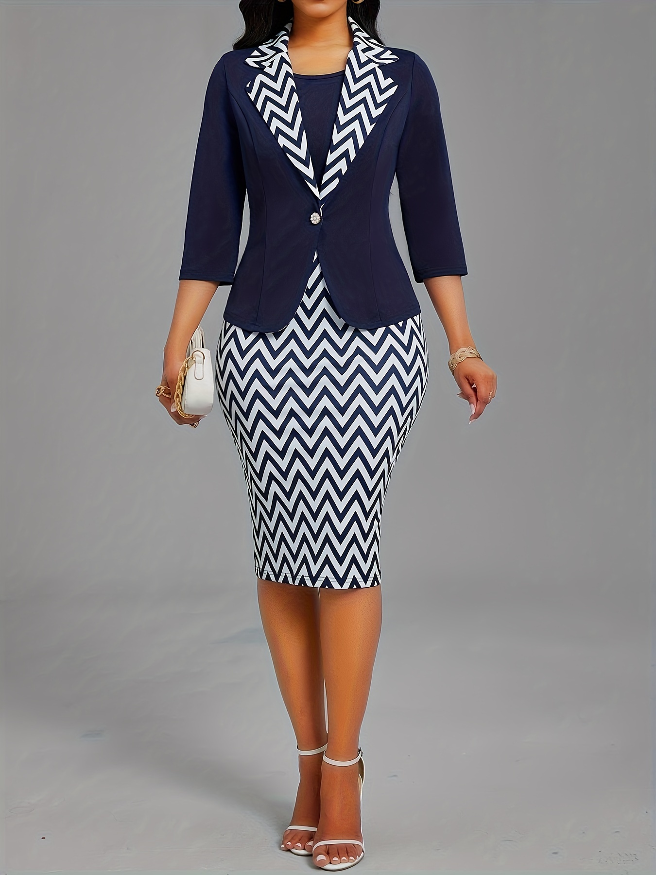 Spring/Summer Women's Two-Piece Set, Wave Pattern Patchwork, Elegant and Fashionable, Business Workplace, Suit Collar Navy Slim-Fit Women's Two-Piece Set HRYY014