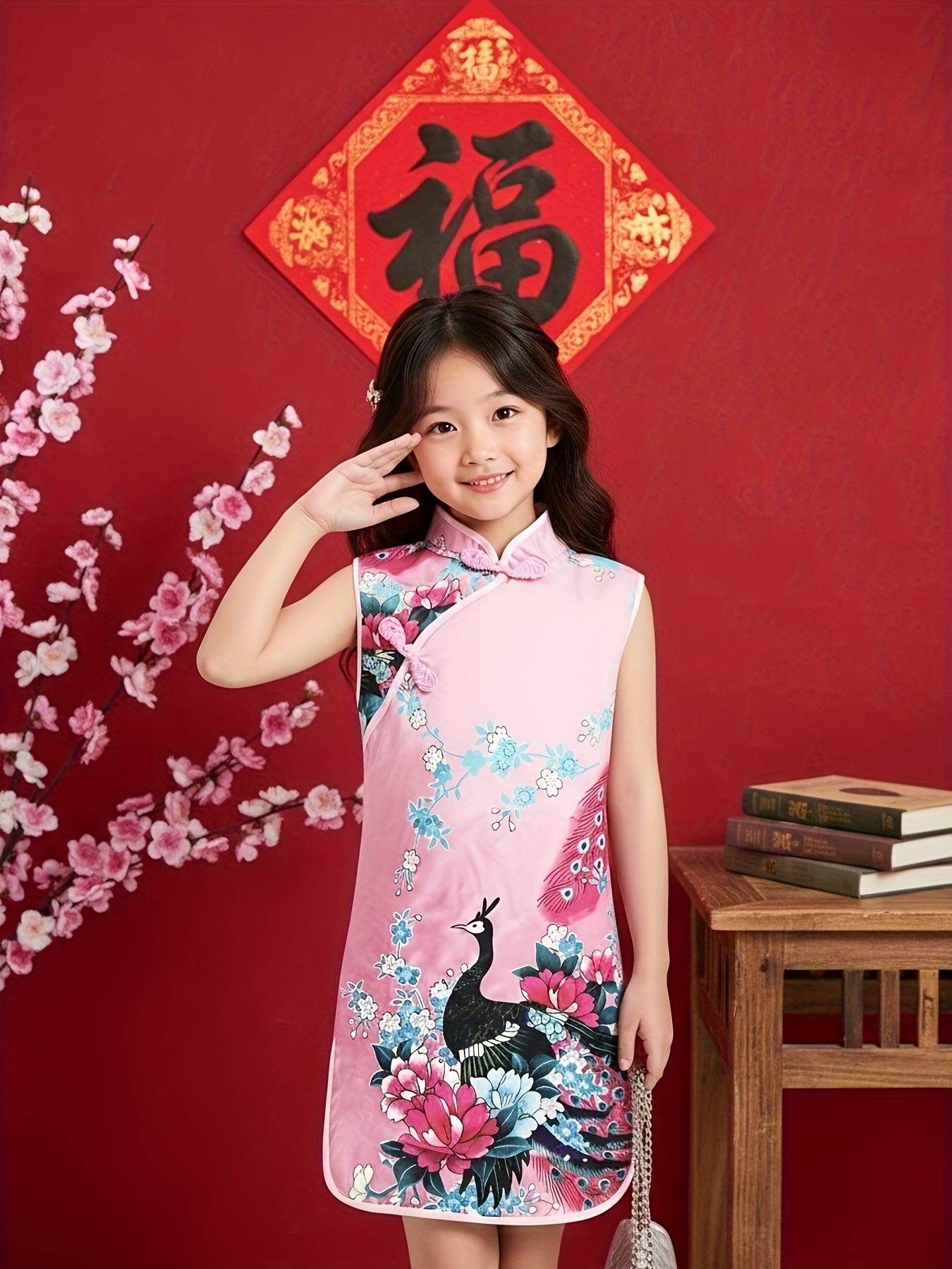 Girls' Chinese Cheongsam Dress - Traditional * Non-positioned Peacock  Print, Non-stretch Fabric, Front Button * Design, Spring Festival W