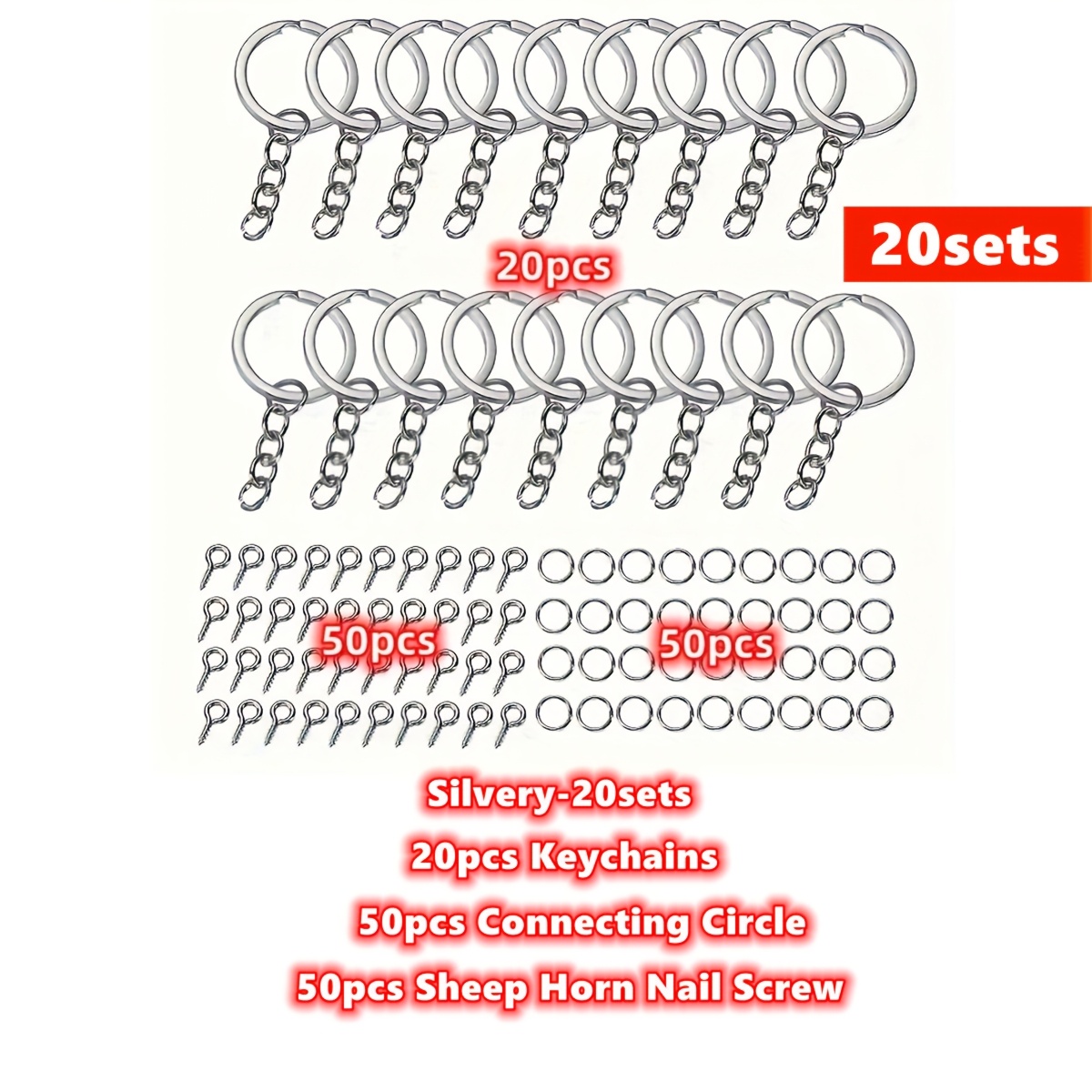 TEMU 20sets (20pcs Keychains And 50pcs Connecting Circles And 50pcs Sheep Horn Nail Screws) Keychain Jump Rings Kit - Mini Pin Pendant For Earring