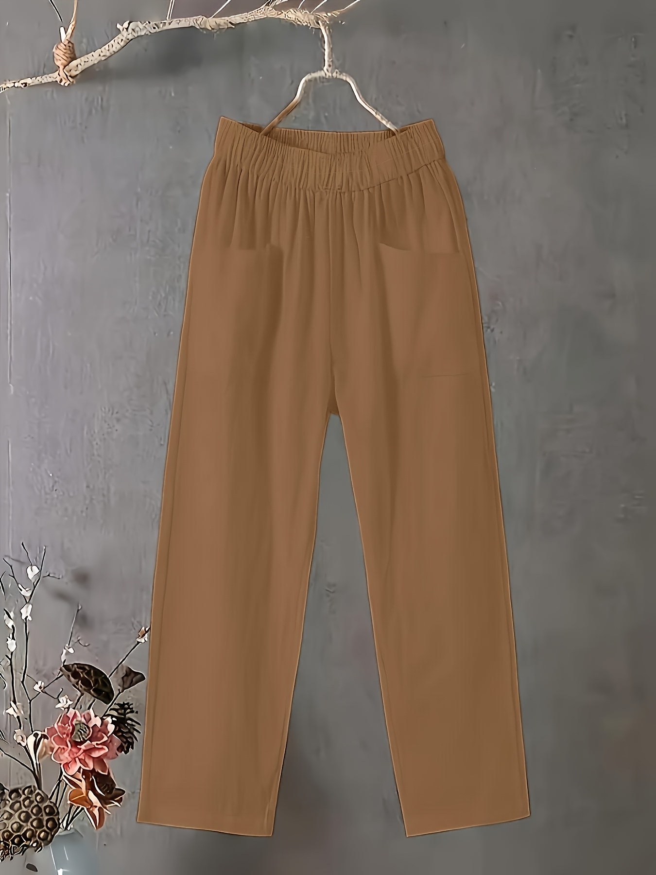 Women's Plus Size Lightweight Straight-Leg Pants - Casual White Harem Style, Elastic Waistband, Polyester, Machine Washable for Spring/Summer/Fall