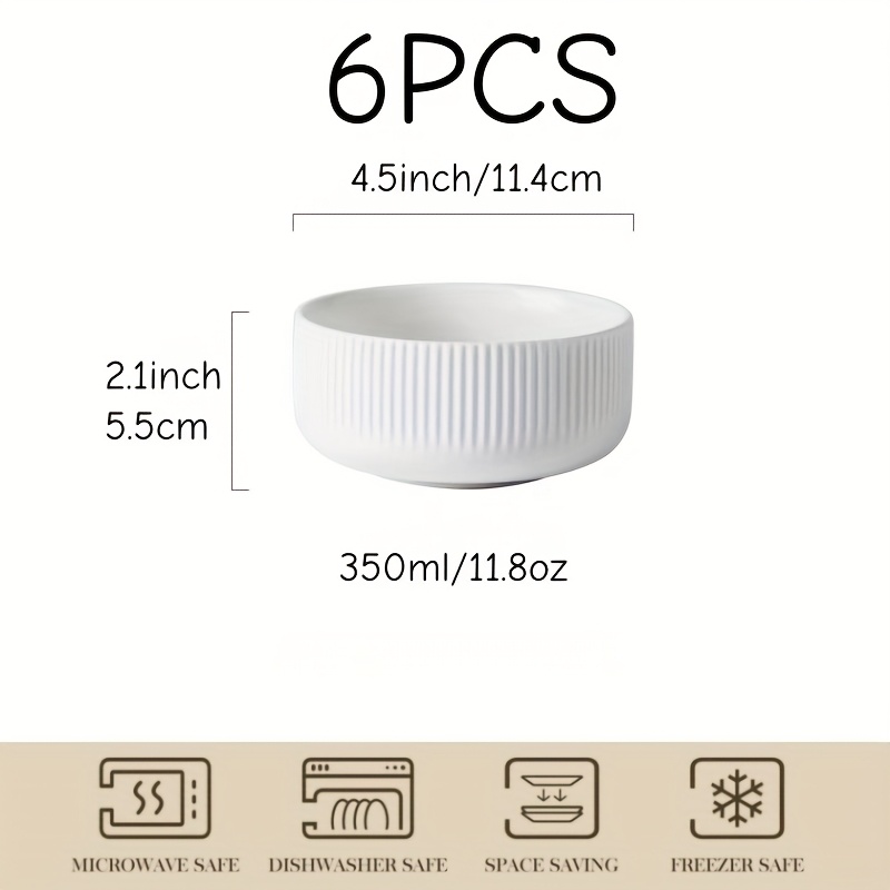 Image of 6pcs, Grain Bowls, Soup Bowls, Striped Rimless Bowls. Kitchen Utensils, Serving Ware. Suitable For Grains, Soup, Desserts, Noodles. Color: White