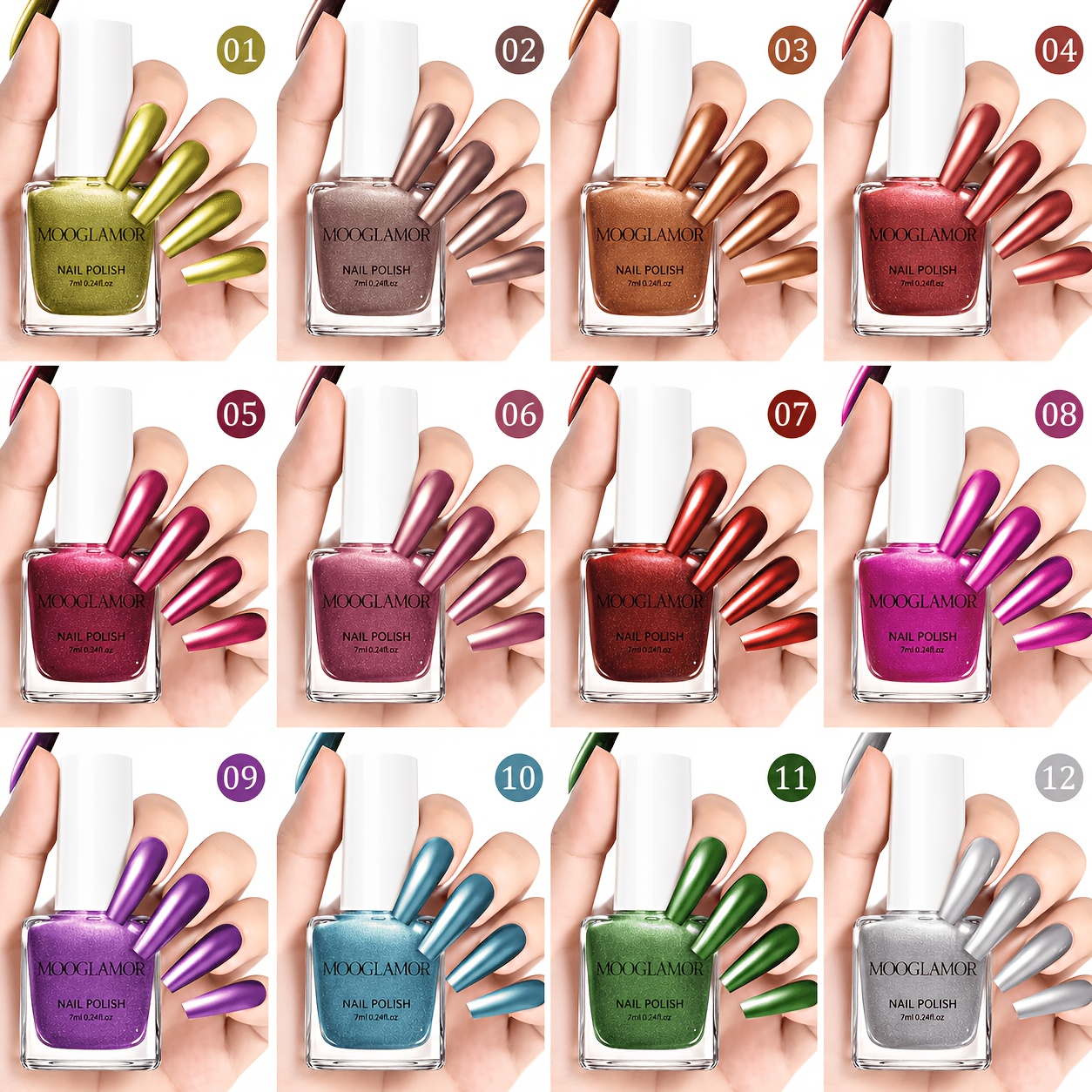 TEMU 12pcs Mirror Metallic Nail Polish, High-reflection Chrome End, Ultra-shiny Polished , Built-in Under Light, For Photos, Quick-dry Formula,