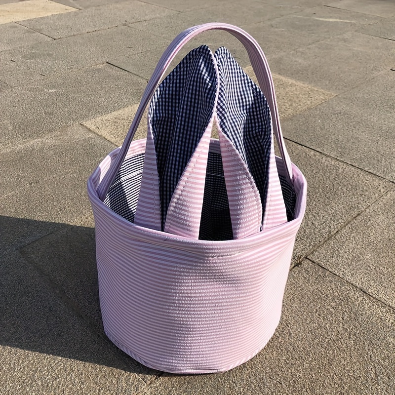 TEMU Personalised Embroidery Name Easter Baskets Easter Bunny Ears Bags With Cute Rabbit Ears Stripe Storage S Bunny Bucket, For Teenager