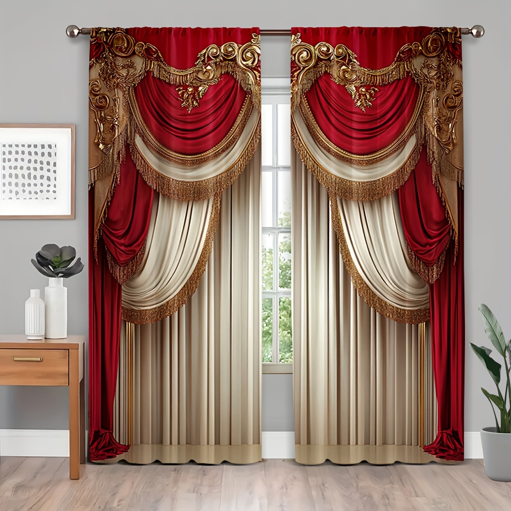 

2pcs Set Luxurious & Golden Jacquard Curtains - Rod For Easy Hanging, Kitchen, Bedroom, Living Room - Decor, Machine Washable (rod Not Included), Curtains For Living Room