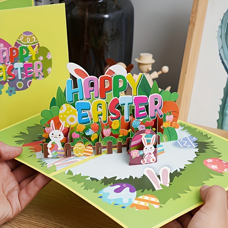 

1pc Handcrafted 3d Easter Pop-up Greeting Card - Vibrant "" Design With Bunny & Eggs, Theme - Friends, Family, Colleagues