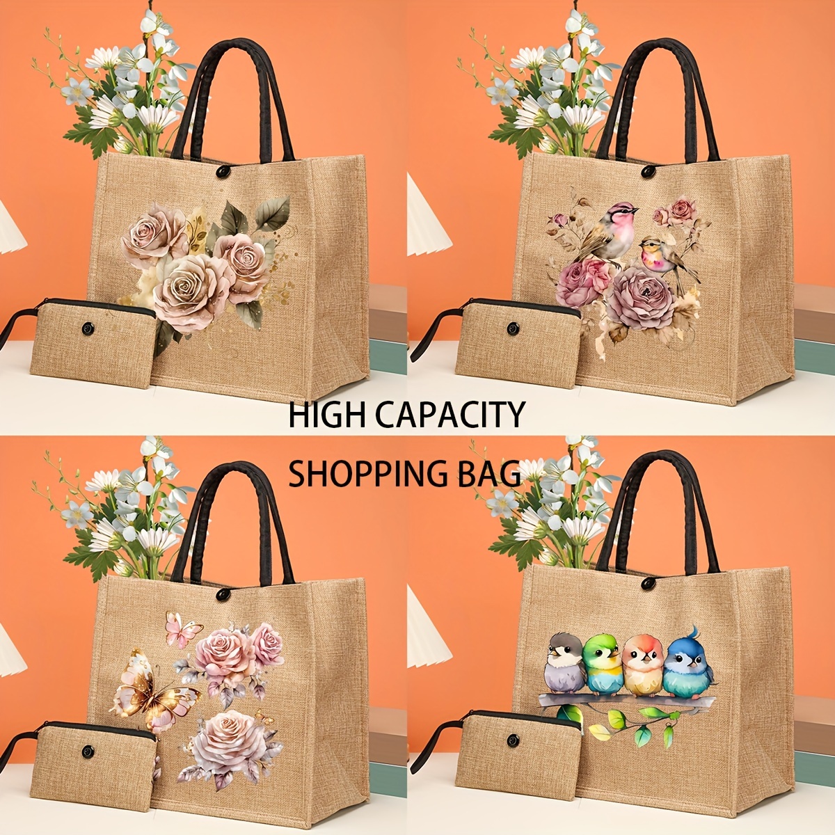 

2-piece Set Burlap Tote Bags With Floral & Birds Print, Fashionable Shoulder Bag With Cosmetic Pouch, Lightweight Travel Beach Bag
