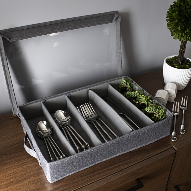 

Modern Kitchen Cutlery Organizer Tray With Dustproof Lid - Silverware Storage Box For Knives, Forks, Spoons - Household Utensil Holder With Compartments, Storage Bins For Home Organization