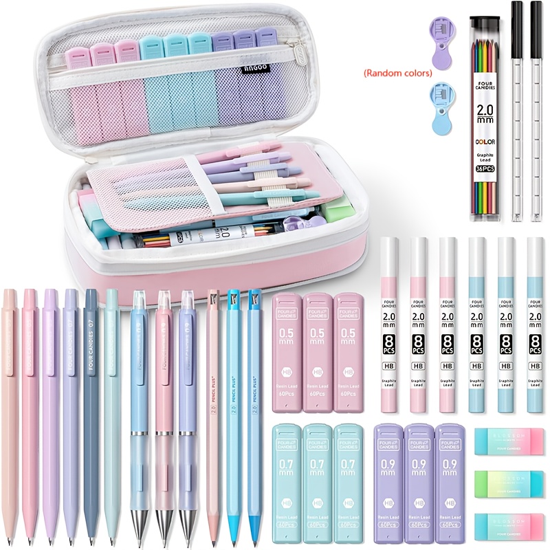 TEMU QuatreCandies 36pcs Esthétique, Crayons Mécaniques 0.5mm, 0.7mm, 0.9mm & 2.0mm avec 624pcs Recharges de Plomb, Jolis Crayons Mécaniques pour