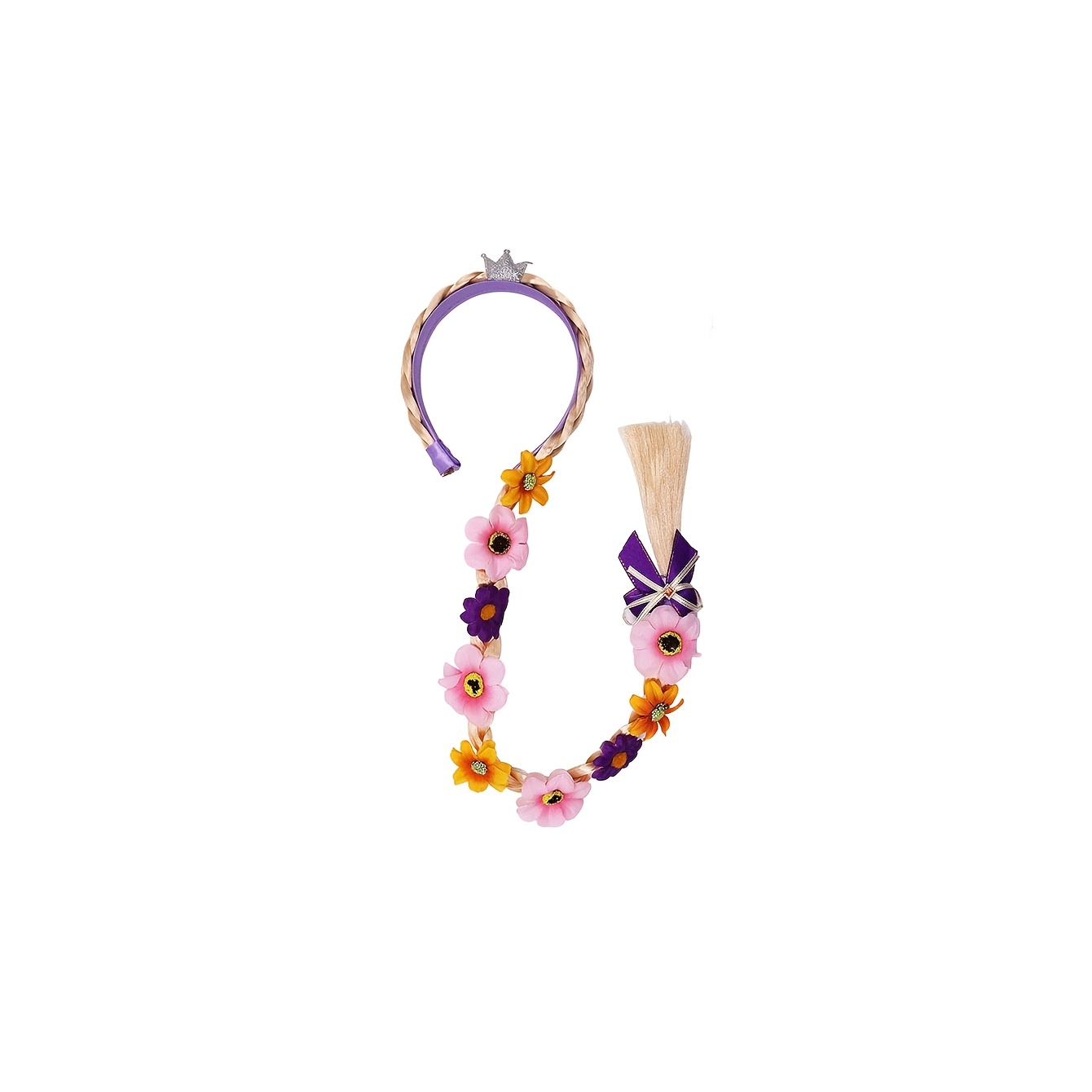 TEMU Bandeau violet pour adulte avec fleurs artificielles dorées et longue tresse, accessoire pour cheveux, couronne de jeu de rôle de princesse avec