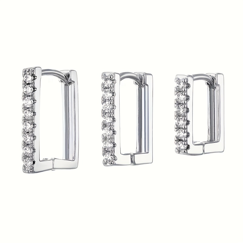 Image of 3pcs Set Of Copper Micro-inlaid Synthetic Zirconia Square Ear Buckles Suitable For Women' Wear