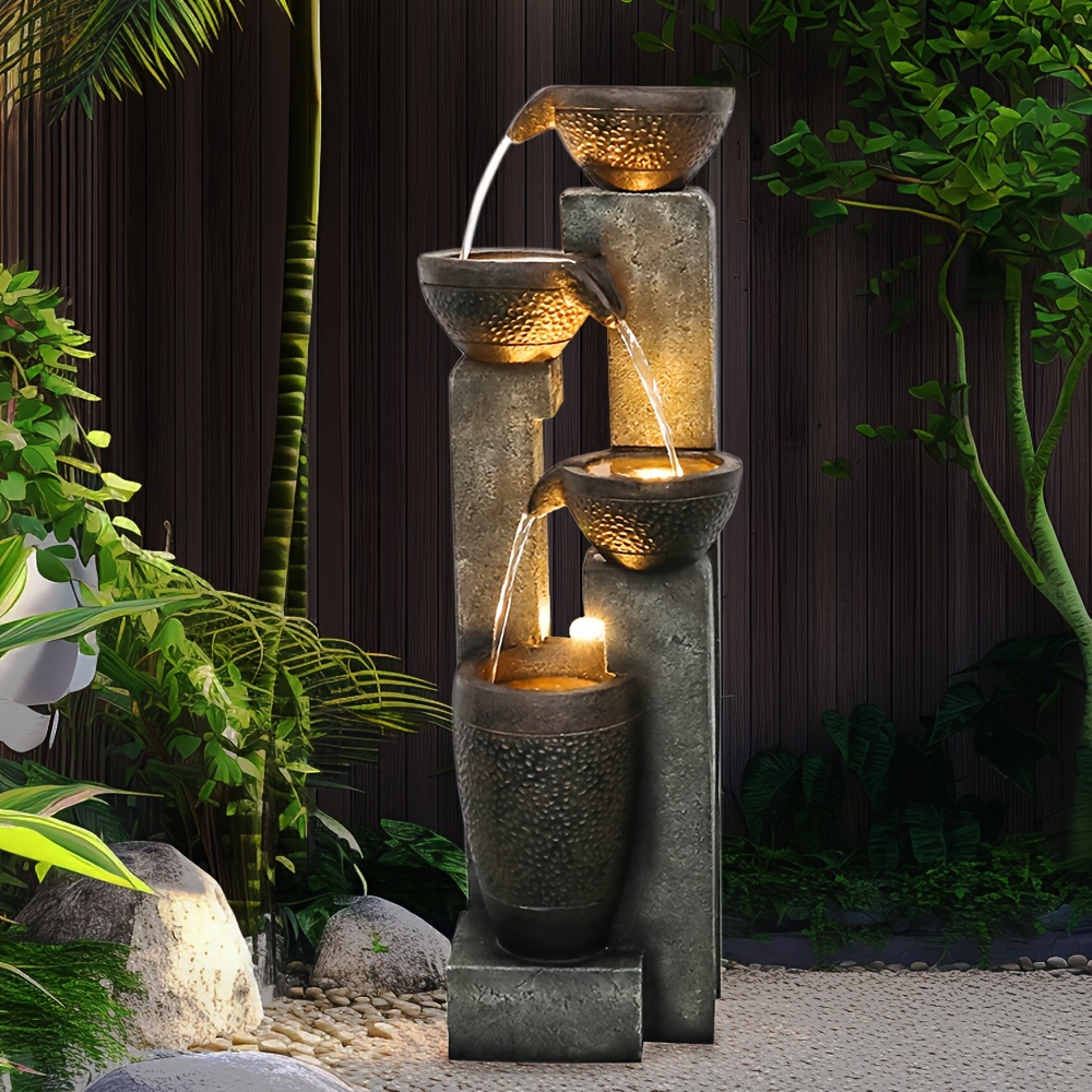 

4-tier Garden Fountains Outdoor - 40''h Water Fountains Outdoor Fountains And Waterfalls Outdoor Freestanding Fountains With Led Light And Pump For Patio, Garden, Grey, Resin Fountain Backyard Decor