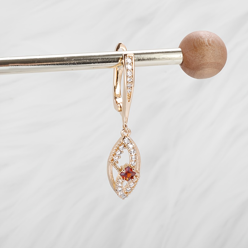 Women's Long Copper Earrings with Red Synthetic Zirconia