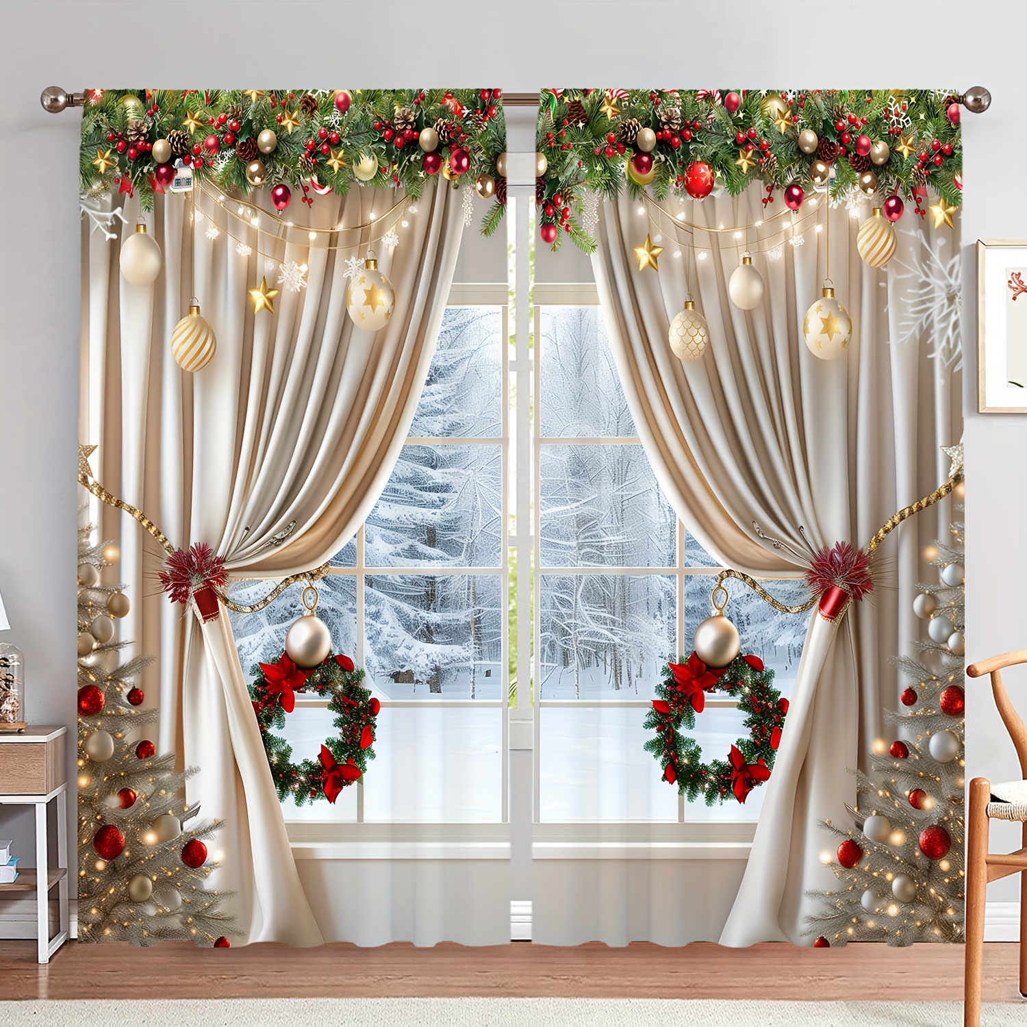 

2pcs Luxurious Christmas Curtains With Pocket - 3d , Light-filtering, For Living Room, Bedroom, Office, Kitchen - Holiday Decor With Ornaments