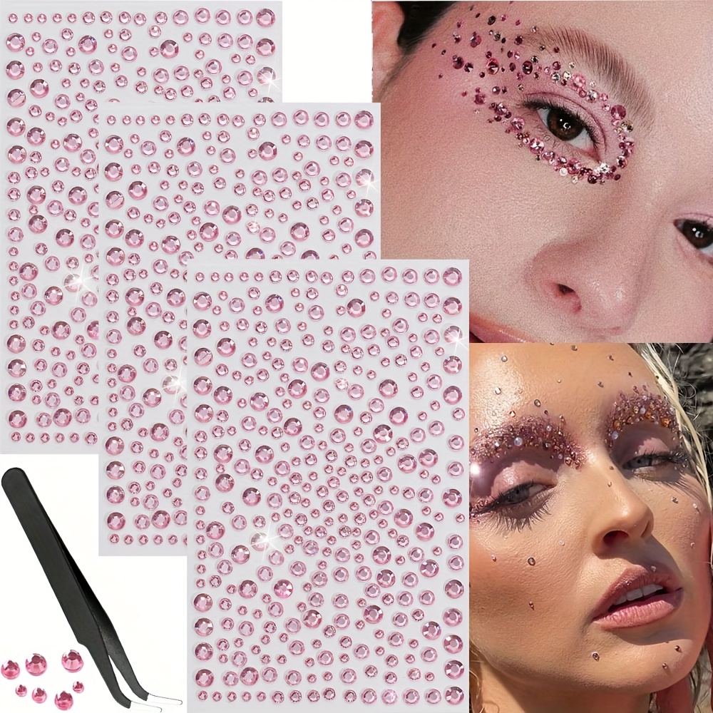 E-shop Drei Bögen rosa Strass-Gesichtsaufkleber mit Pinzette, mit flach liegenden Kristallsteinen in verschiedenen Größen, , um Ihrem Make-up Glanz zu