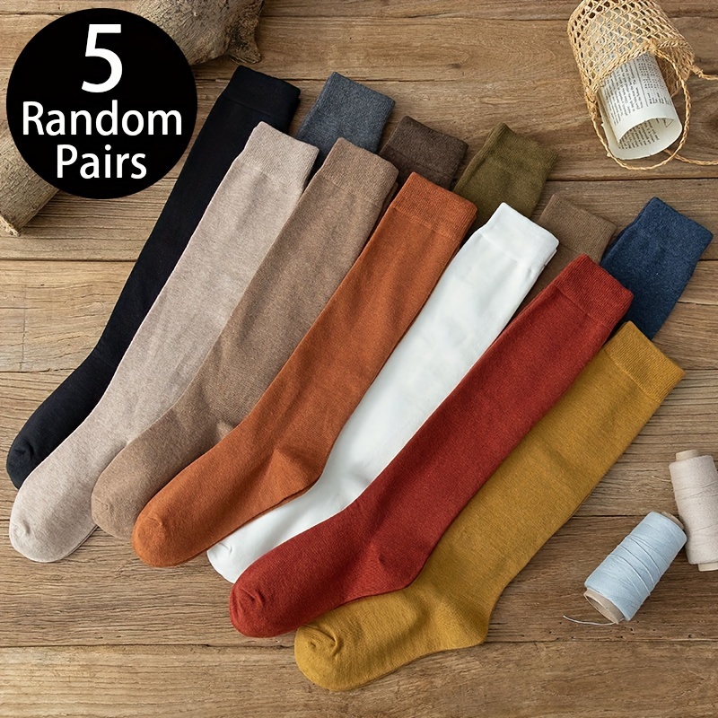 

5 Pairs Random Color Calf Socks, Simple All-match Knee High Socks For Spring & Fall, Women's Stockings & Hosiery