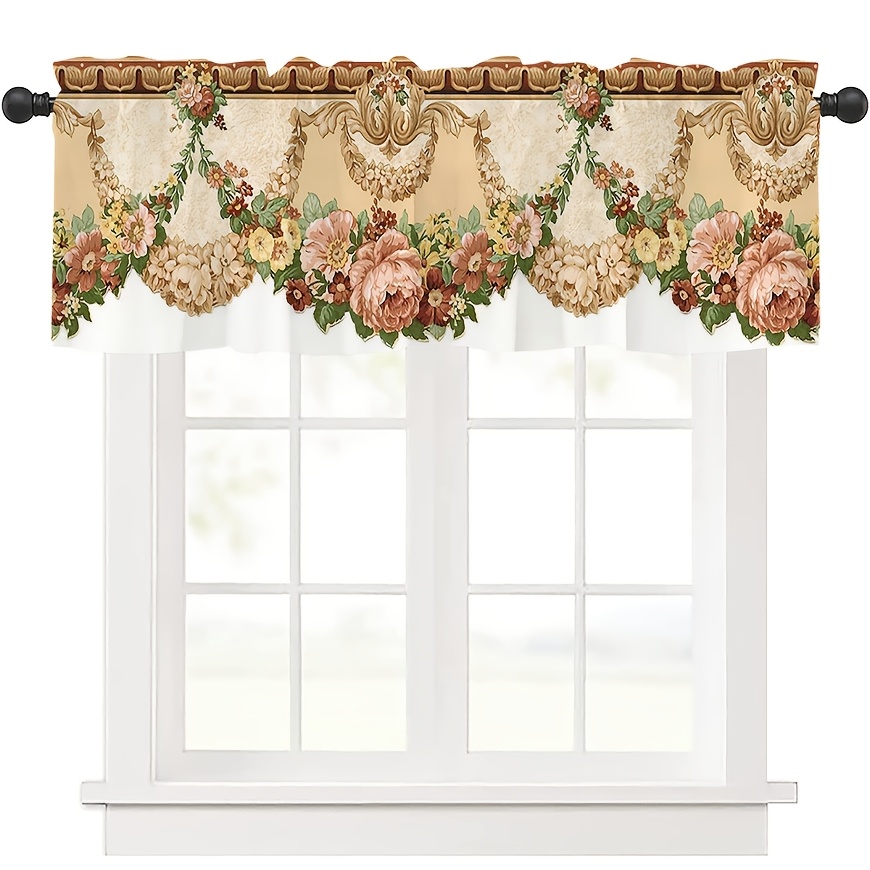 

1pc Elegant Floral Print Semi-sheer Curtain Valance - , No Drill Required, Kitchen, Living Room, Bedroom, Bathroom, Café, Studio - Machine Washable Polyester, Decor With Rod , Curtains For Living Room