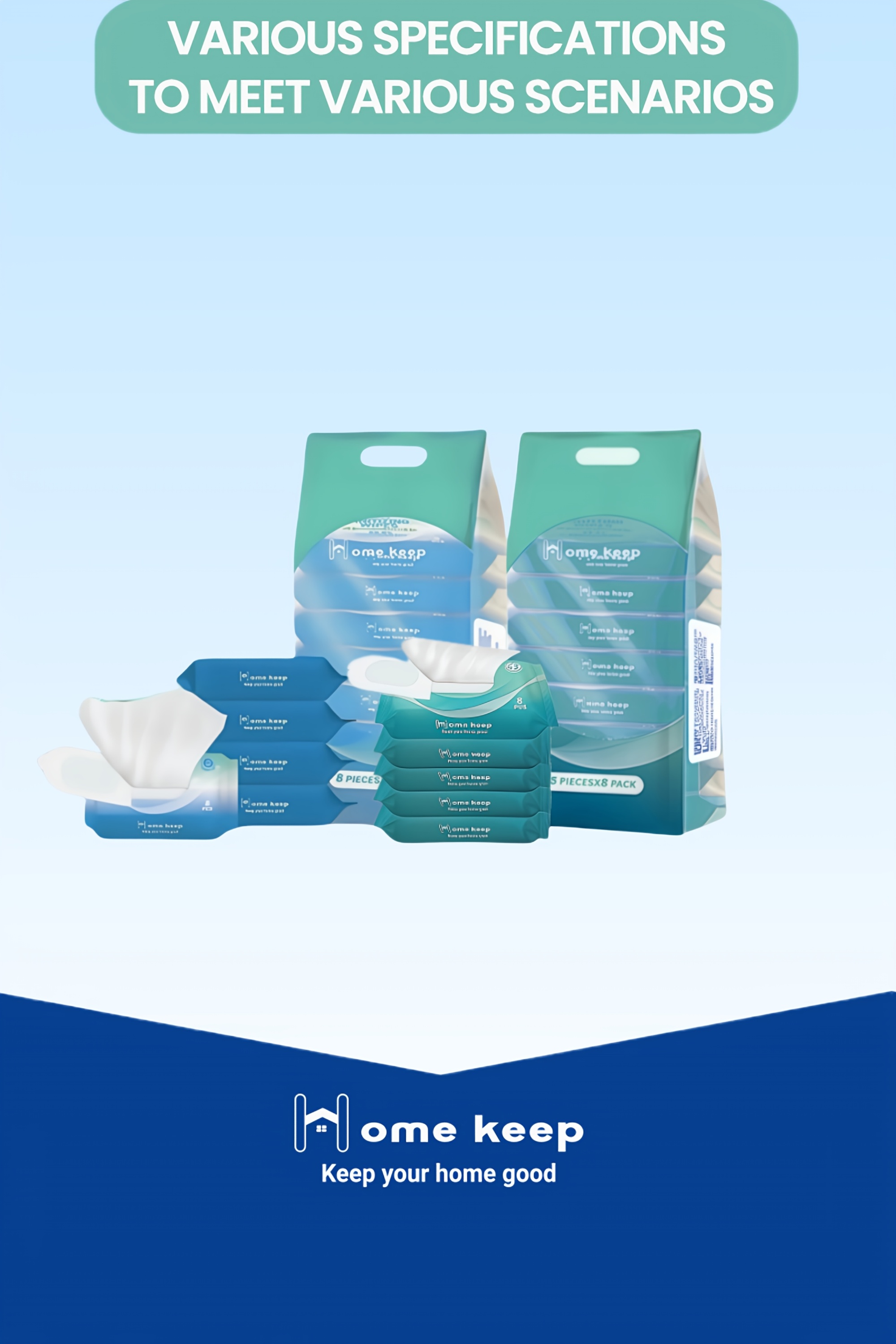 40 packs of 5 sets of mini sanitary/alcohol wipes- 8 packs per set, totaling 64pcs- thickened and enlarged non-woven fabric-150mm*140mm- 3.5 times the liquid content- suitable for kitchen/bedroom/living room- outdoor/in car use